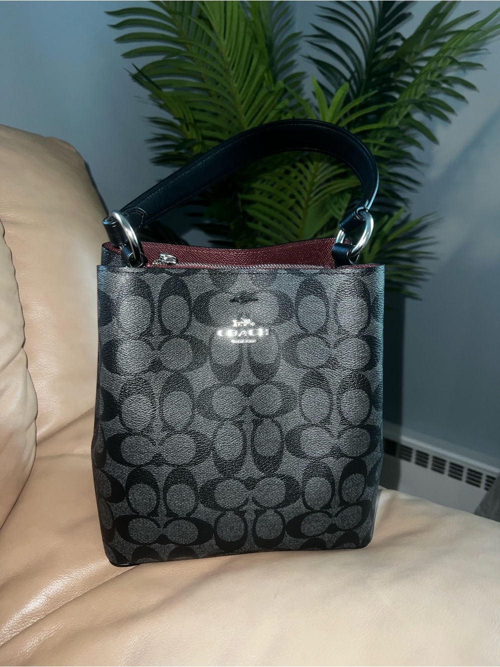 Coach Black Signature Bucket Shoulder Bag with Wine Interior